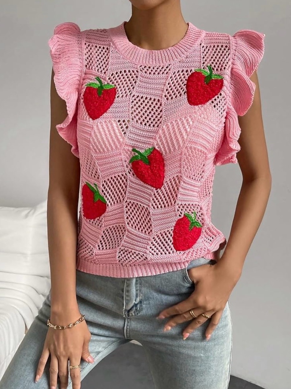 Pink Strawberry Knit Ruffle Sleeve Tank Top